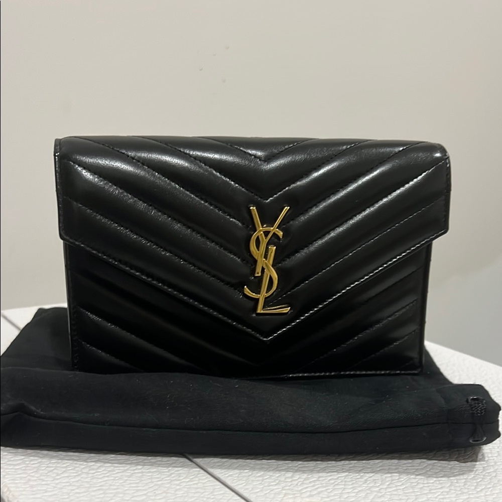 Yves Saint Laurent Black Chevron Clutch with Gold Logo